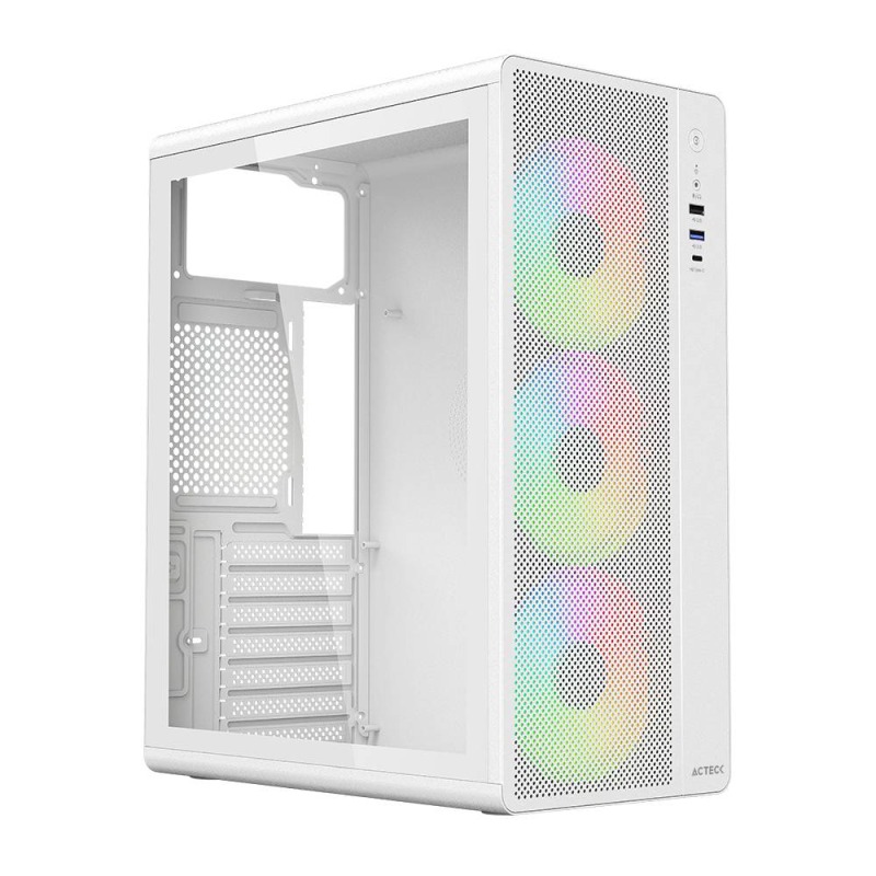 GABINETE ACTECK ESSEN PRO X GM767 / MEDIA TORRE / ATX - M-ATX - ITX / ILUMINACION RAINBOW / LATERAL CRISTAL TEMPLADO / VENTILADORES INCLUIDOS / NO INCLUYE FUENTE DE PODER / BLANCO / AC-941716