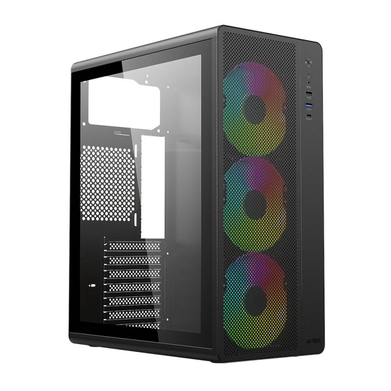 GABINETE ACTECK ESSEN PRO X GM767 / MEDIA TORRE / ATX - M-ATX - ITX / ILUMINACION RAINBOW / LATERAL CRISTAL TEMPLADO / VENTILADORES INCLUIDOS / NO INCLUYE FUENTE DE PODER / NEGRO / AC-941709