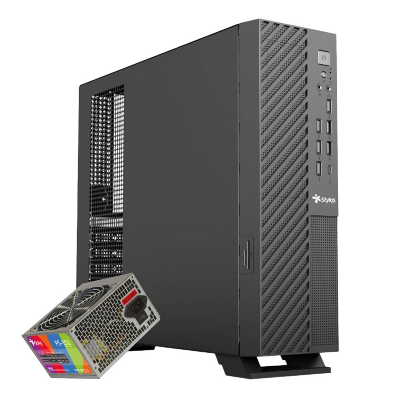 GABINETE STYLOS (SGAMN1B) MINCE, MINI-ITX, FUENTE 550W SLIM, 1*USB 3.0, 1*TIPO C, NEGRO