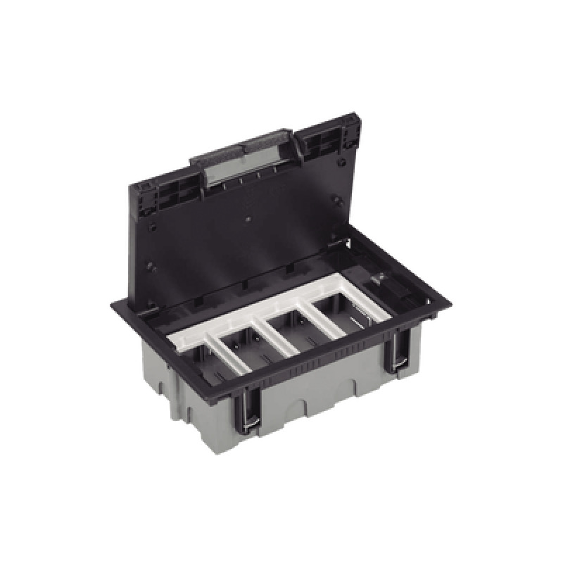 Caja Para Instalación en Pavimento para Voz Datos o Contactos Eléctricos / Capacidad para 4 Módulos / Espacio Embellecedor en la Tapa / Profundidad Ajustable de 90 a 120 mm / Los Módulos se Adquieren Aparte / Incluye Registro