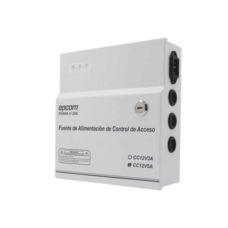 Fuente de Alimentación / 1 Salida 1115 Vcc /  5 A / Temporizador Integrado / Con Capacidad de Batería de Respaldo / Requiere Batería / Aplicaciones en sistemas de control de Acceso