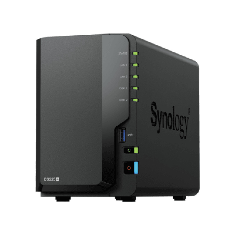NAS DiskStation DS225 | 2 Bahías | Intel Celeron J4125 | 2 GB DDR4 | Hasta 40 TB | Puertos 1GbE y 25GbE | USB 32 Gen 1 | Compatible con RAID | Synology DSM