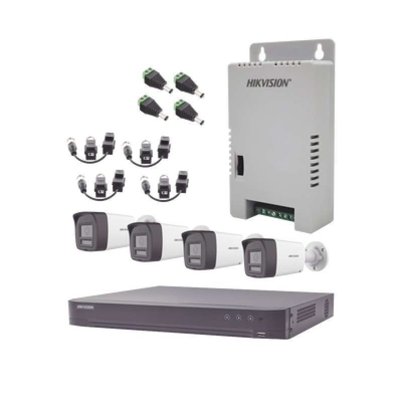 Kit Audio Bidireccional TurboHD 4K3K / DVR 4 Canales 4K / 4 Cámaras Bala Exterior con Bocina y Microfóno Integrado 3K / 1 Fuentes de Poder / Accesorios