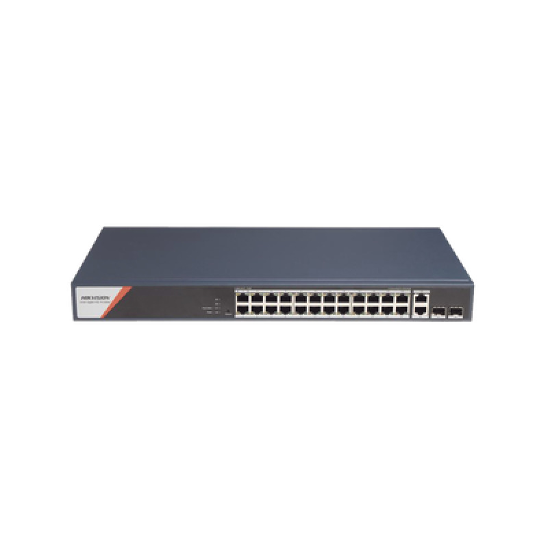 Switch Gigabit PoE / Administrable / 24 Puertos 1000 Mbps PoE 4 Puertos PoE 90 W / 2 Puertos 1000 Mbps de Uplink / 2 Puertos SFP / Configuración Nube HikPartnerPro / Modo Extendido hasta 300 Metros / 370 W