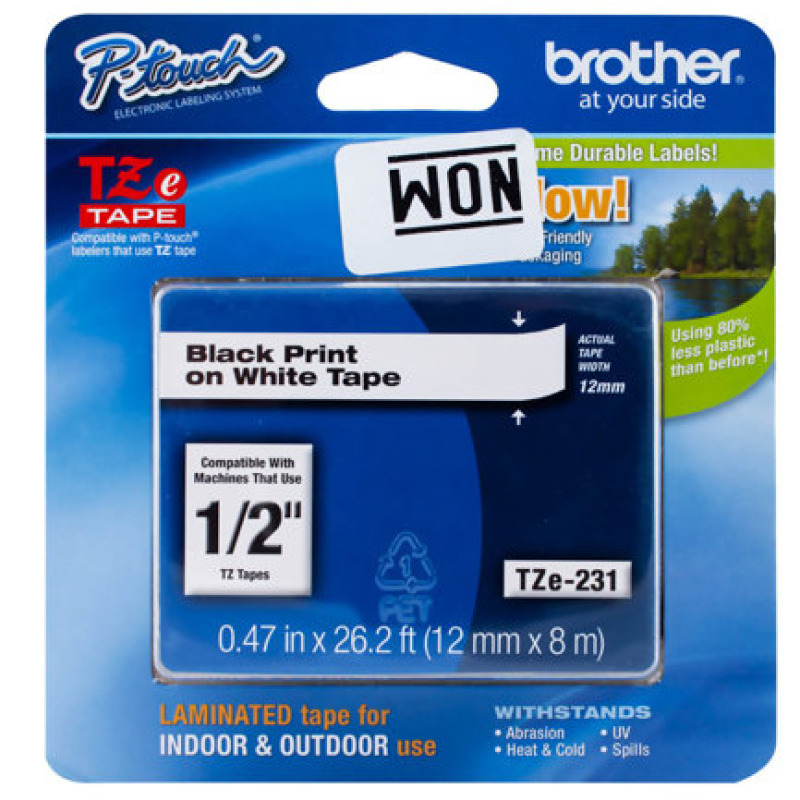 CINTA BROTHER TZE231G LAMINADA 12MM SUPER ADHESIVA TEXTO NEGRO SOBRE FONDO BLANCO 8M