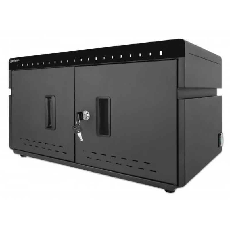 MANHATTAN - 715959 - Gabinete profesional carga 20 puertos USB-C-360 W/20 puertos, bahías teléfonos y tabletas, hasta 18 W, puerta con cerradura, protección sobretensiones, sistema ventilación integrado, carcasa metálica, escritorio, negro. #PROMOABRIL