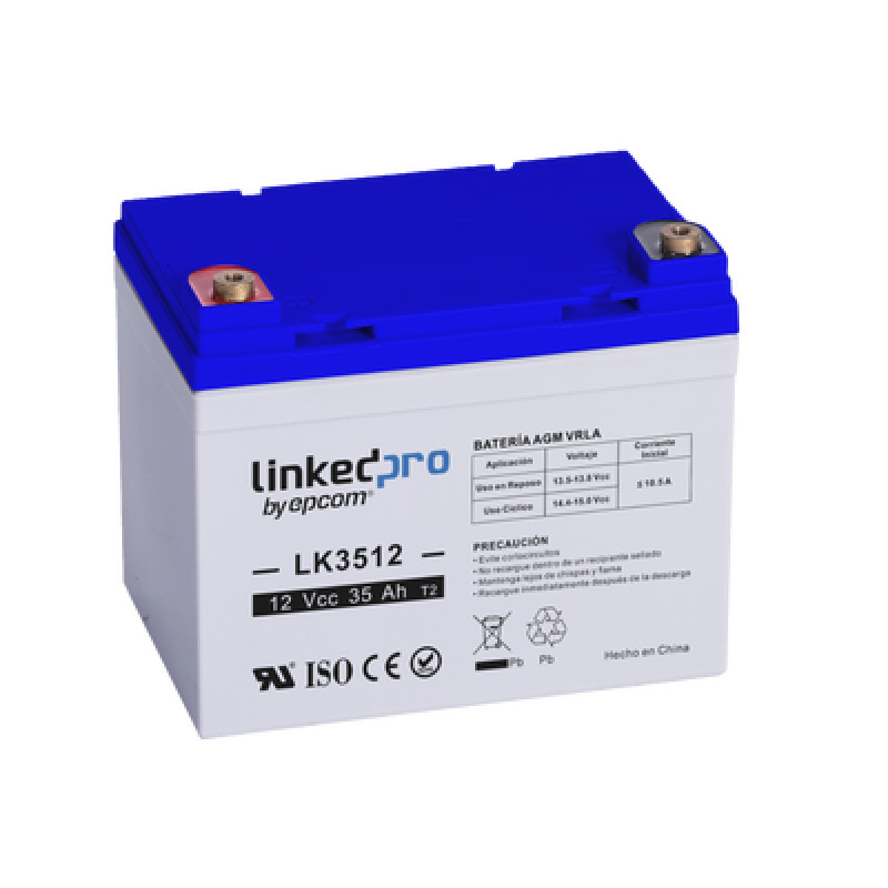 Batería 12 V / 35 Ah / UL / Tecnología AGM / Vida útil promedio de 5 años / Para uso en equipo electrónico Alarmas de Intrusión / Incendio / Control de acceso / Video Vigilancia / Terminales T1