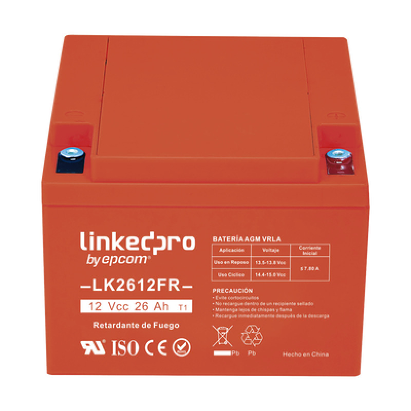 Batería 12 V / 26 Ah / UL / Tecnología AGMVRLA / Vida útil promedio de 5 años / Retardante a la Flama / Para uso en equipo electrónico Alarmas de Intrusión / Incendio/ Control de acceso / Video Vigilancia / Term