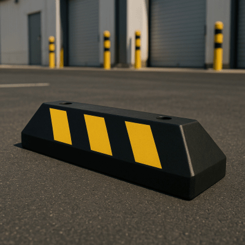 Tope D/ Estacionamiento Vehicular / Hule Reciclado / 55cm / Color Negro con Franjas Amarillas / Resistente y Antideslizante