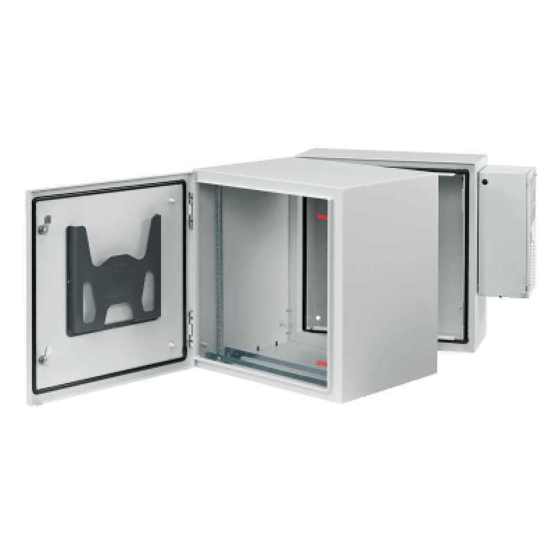 Gabinete Industrial ProTek de Puerta Sólida Con Aire Acondicionado de 4000 BTU Protección NEMA Tipo 4/12 IP66 IK10 Abatible Fabricado en Acero 19 UR Color Gris Claro