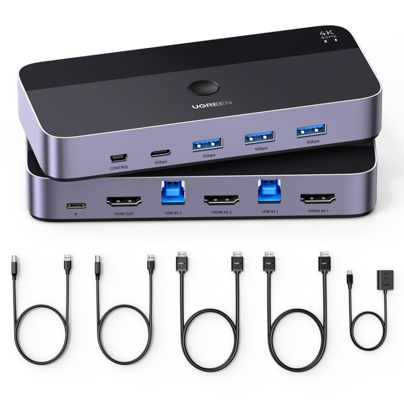 Conmutador KVM HDMI 4K | HDMI 20 | 2 Entradas 1 Salida | 4 Puertos USB 30 3 USBA 1 USBC | Soporta 4K60Hz | HDR | Indicador Led | Compatible Win MacOs y Linux | Carcasa de Aluminio