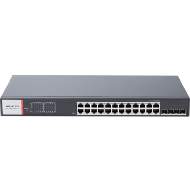 Switch Gigabit PoE / Administrable / 24 Puertos 1000 Mbps PoE / 4 Puertos SFP / Configuración Nube HikPartnerPro / Modo Extendido hasta 300 Metros / 370 W