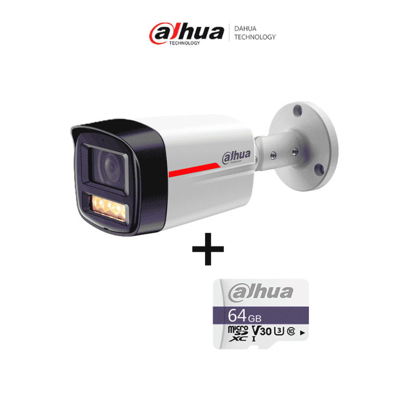 DAHUA PAQUETE Cámara IP DH-IPC-HFW2249TLP-S-LED-0280B-PRO- Cámara IP Bullet de 2MP / WizColor/ WizSense/ SMD Plus/ Protección Perimetral/ Detección de movimiento inteligente/ Lente 2.8mm/ Luz Cálida 50m/ Micrófono + Micro SD IP67/DHI-TF-C100/64GB