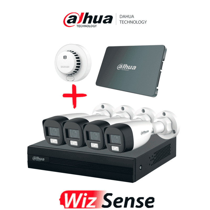 DAHUA PAQ-DH-XVR1B04-I/DH-HAC-HFW1200CLN-DHI-HY-SA13A - Kit Iluminación Dual de 4 Canales con SSD de 512GB/ 4 Camaras IL de 2 Megapixeles con Microfono/ Regalo Detector de Humo Stand Alone DHI-HY-SA13A