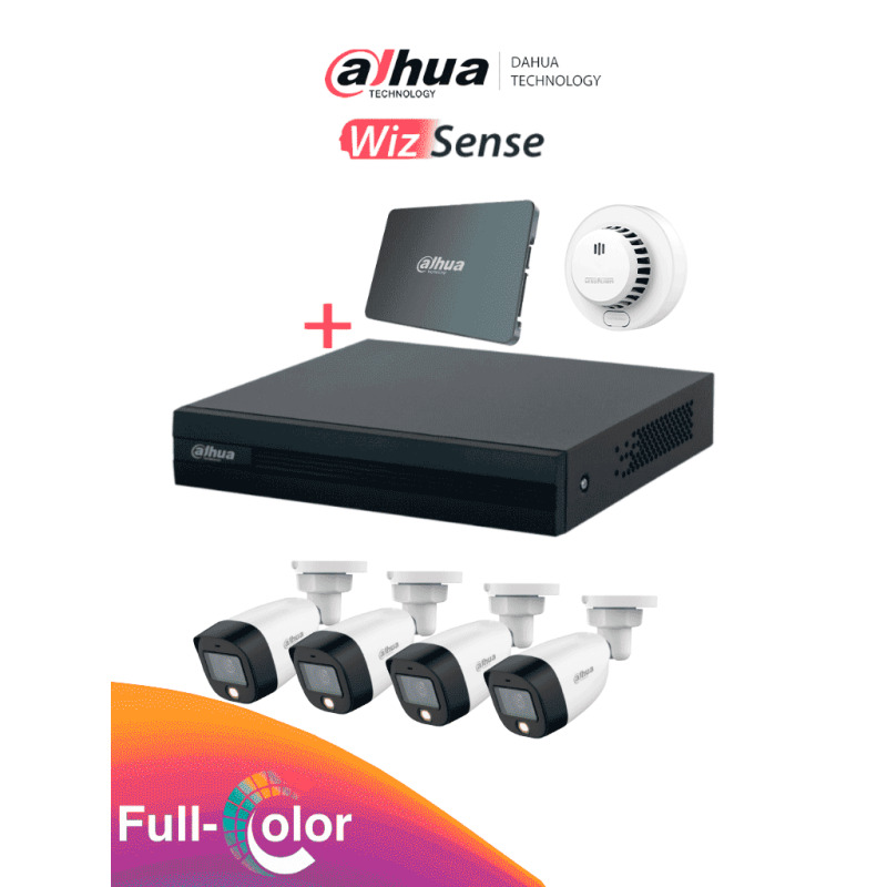 DAHUA PAQ-DH-KIT/XVR1B04-I-SSD(512G)/4-H-DHI-HY-SA13A - Kit FullColor de 4 Canales con SSD de 512GB/ 4 Camaras Full Color de 2 Megapixeles con Microfono/ Regalo Detector de Humo Stand Alone DHI-HY-SA13A