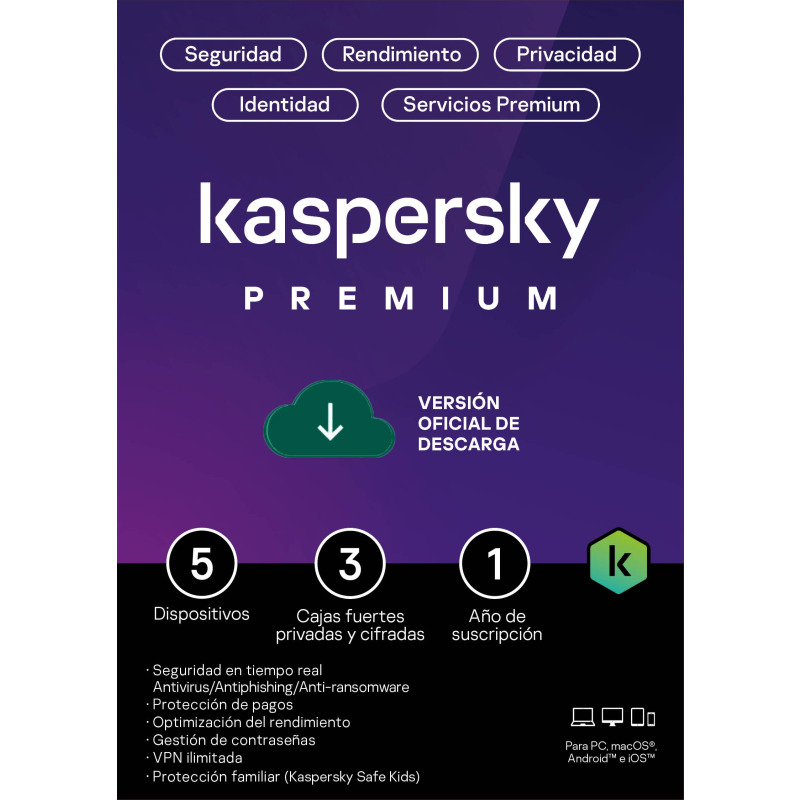 Licencia Kaspersky PREMIUM + CUSTOMER SUPPORT / 5 Dispositivos / 3 Cuentas KPM / 1 ano / Base