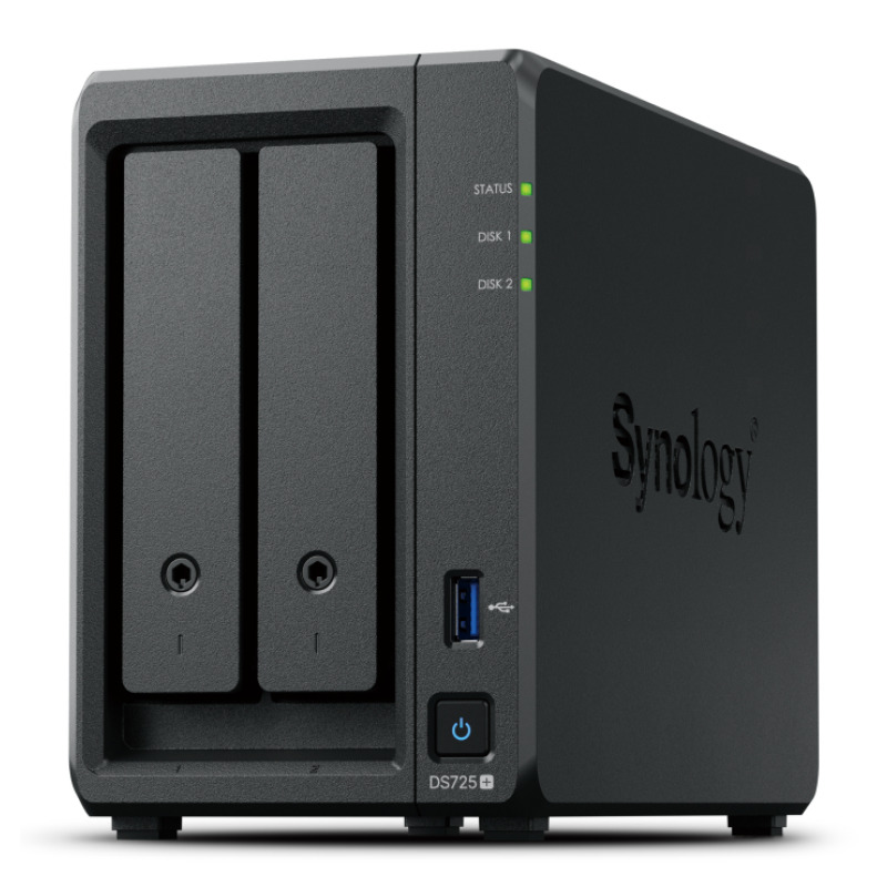 NAS SYNOLOGY DS725+ /2 BAHIAS NUCLEO DOBLE HASTA 3.1 GHZ, 1 PTO LAN GIGA, 1 PTO LAN 2.5GBE/4 GB DDR4/ HOT-SWAP/SOPORTA 40 TB /SOPORTA M.2 2280/ NO INCLUYE DISCOS/ AMD RYZEN R1600