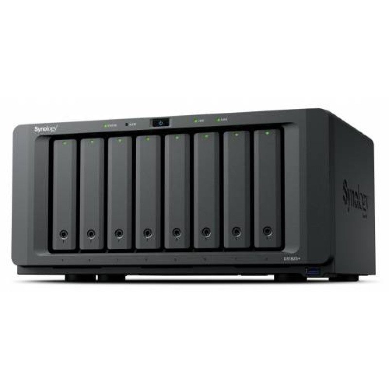 NAS SYNOLOGY DS1825+/ 8 BAHIAS AMPLIABLES HASTA 18/NUCLEO CUADRUPLE 2.2GHZ/8GB DDR4 AMPLIABLE A 32GB/2.5GBE LAN X2/USB 3.2 X3 /HOT-SWAP/SOPORTA M.2 2280 NVME/ NO INCLUYE DISCOS