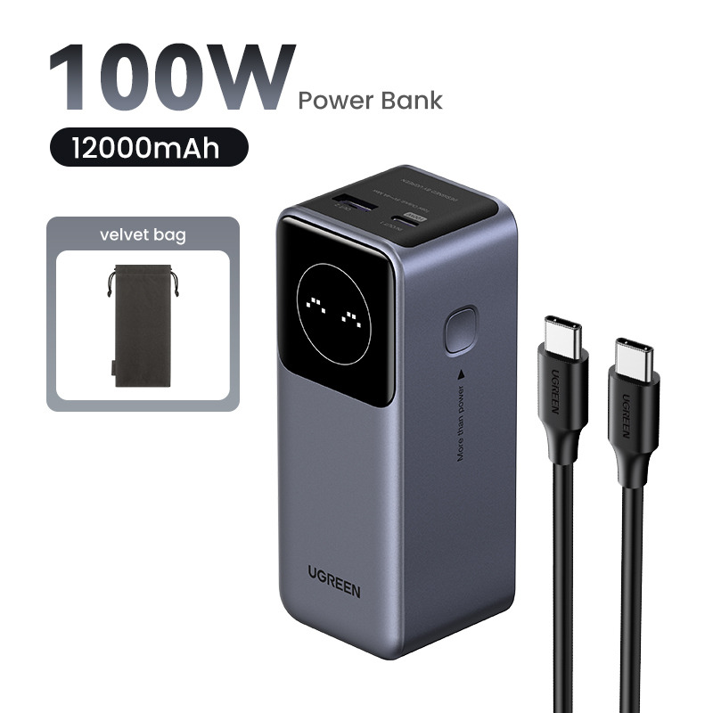 Power Bank de 12000mAh | 3 Salidas 100W Max | USBA  2 USBC | PD 30 | QC30 | FCP | SCP | Pantalla Inteligente | Carcasa Ignifuga | Color Gris | Incluye Cable USB de 50cm | Carga tu Laptop de Manera Segura