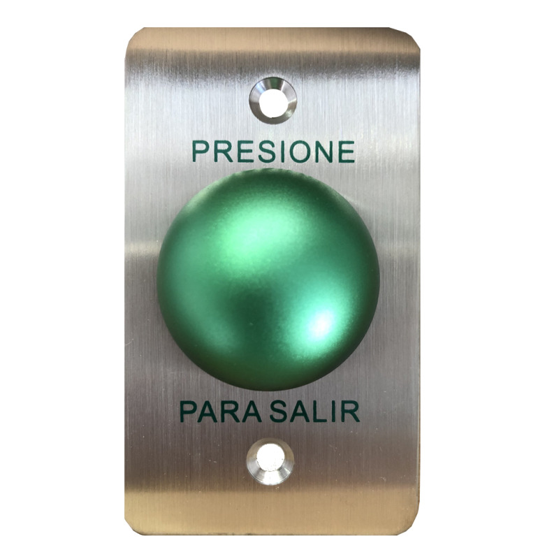 YLI PBK818A - Botón de salida en acero inoxidable salidas NO y  NC en acabado color verde compatible con caja para instalacion clave 76017