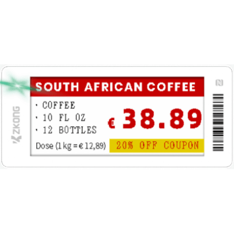 Etiqueta Electrónica de Estantería ZKE29B / Pantalla EPD Gráfica 29 Pulgadas / Resolución 296x128 Píxeles / 4 Colores Negro Blanco Rojo Amarillo / BLE 50 con Encriptación AES128 / Batería 5 Años