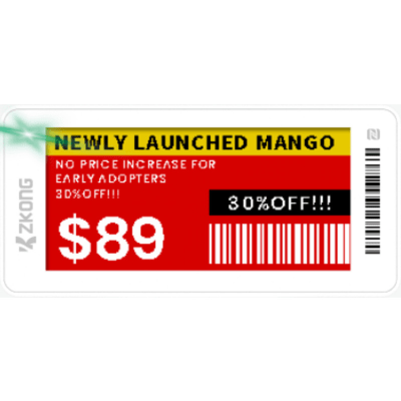 Etiqueta de Estantería Electrónica ESL ZKE21B / Pantalla EPD 213 Pulgadas / Resolución 122x250 Píxeles / 4 Colores Negro Blanco Rojo Amarillo / BLE 50 con Encriptación AES128 / Batería 5 Años / NFC / C