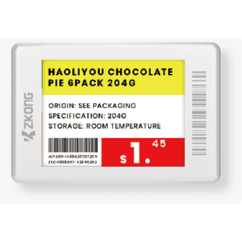 Etiqueta Electrónica de Estantería ESL 18 Pulgadas / Pantalla EPD a Color 224x168 píxeles / 4 Colores Negro Blanco Rojo Amarillo / Batería 5 Años / Bluetooth LE 51 / Gestión en la Nube / NFC / CE ROHS FCC