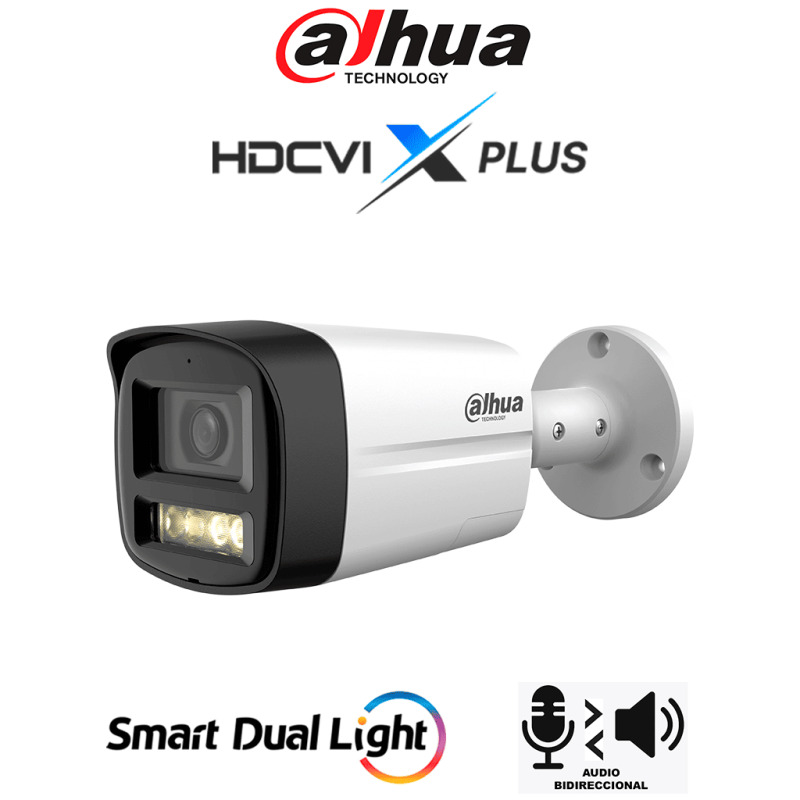 DAHUA DH-HAC-HFW1500TLMN-IL-T - Camara Bullet de 5 Megapixeles/ Audio 2 Vías/ Iluminador Dual Inteligente Mediante IR y Luz Calida/ 3DNR Para Reducción de Ruido en Imagen/ Lente de 2.8mm/ IR de Hasta 40 Mts/ IP67/ Policarbonato + Metal