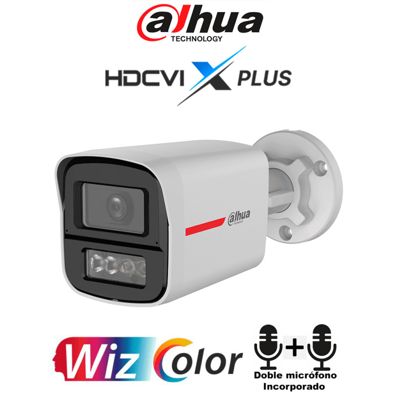 DAHUA DH-HAC-HFW1549XN-IL-A-PRO - Cámara Bullet 5MP WizColor/ Imagen 24H a Color/ Corrección de Imagen por IA/ Iluminador Dual Int Mediante IR y Luz Calida / Hasta 50m de Ilumin/ Doble Mic Incorp/ Campo de Visión de Hasta 101°/ Policarbonato + Metal