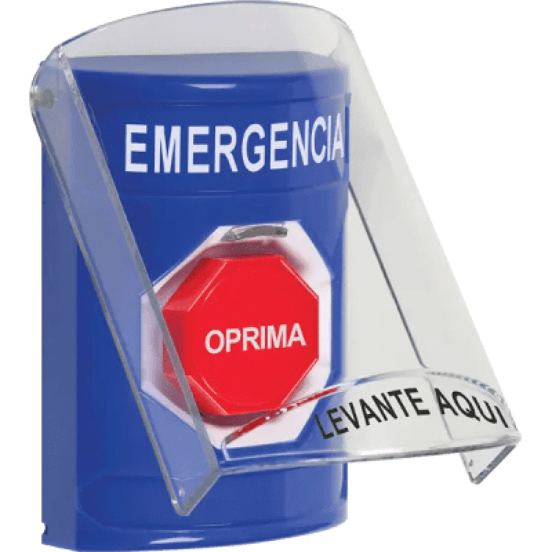 Botón Multipropósito Color Azul De Superficie Con Tapa De Policarbonato Sin Bocina Pre Alarma Solo Interior Llave Para Restablecer Texto De Emergencia Español