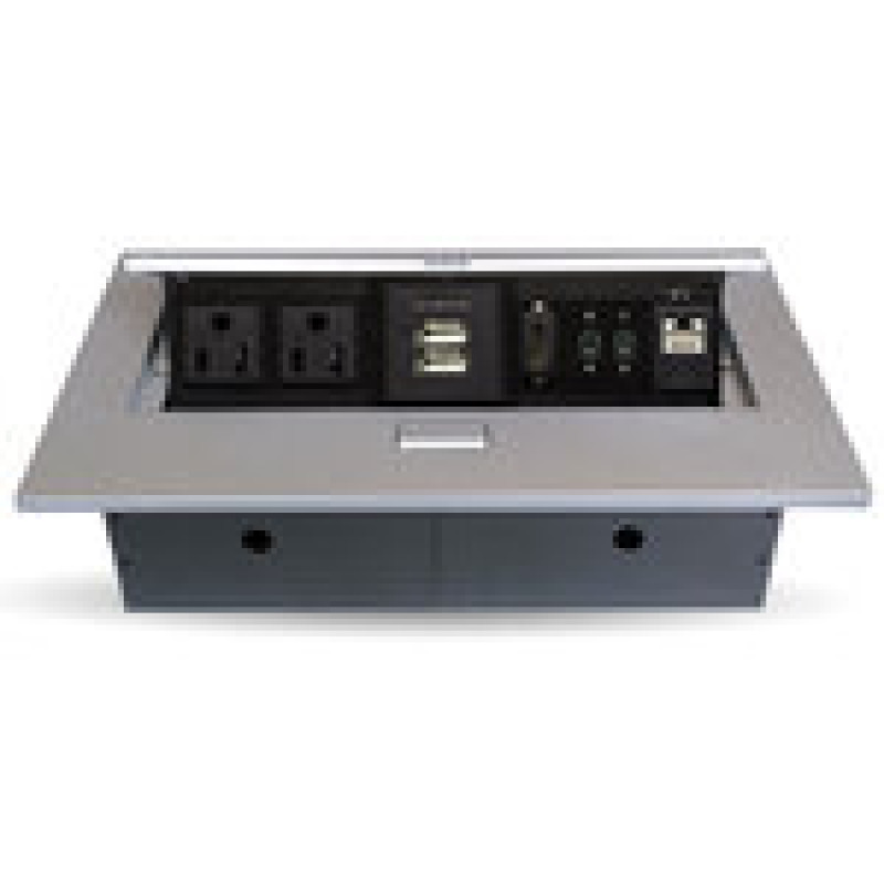 CAJA PARA MESA: USB-TIPO C, HDMI, USB, RJ45 CAT6, CORRIENTE. PLATA