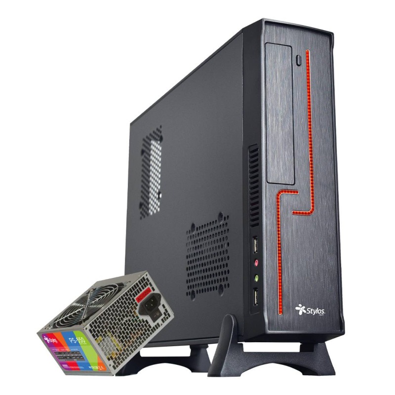 Gabinete Oficina Keelan Slim ITX Stylos 2xUSB 1.0+1xUSB 3.0+puerto 3.5mm+línea roja con fuente de poder 550W