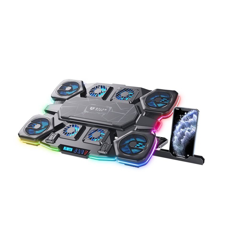 Base enfriadora Balam Rush para laptop 17 Eolox Cryotech EF780 Legend Negro 8Vent 70mm 2xUSB Soporte para Celular 6 Niveles de Ajuste RGB