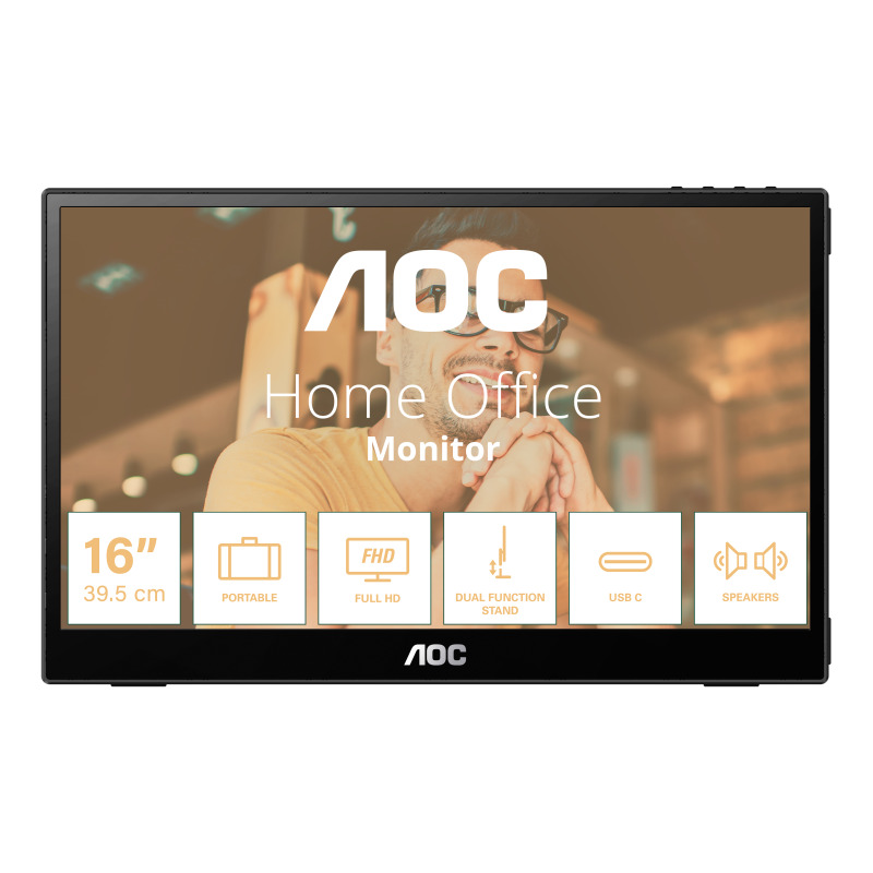 MONITOR PORTATIL LED AOC 16T20 / COLOR NEGRO / PANEL IPS 15.6 / USB-C / ASPECTO 16:9 / T.D.RESPUESTA 20MS / RESOLUCION 1920 X 1080 / 60 HZ / CONTRASTE 50M:1 / BRILLO 230 CD/M2 / 3 AÑOS DE GARANTIA