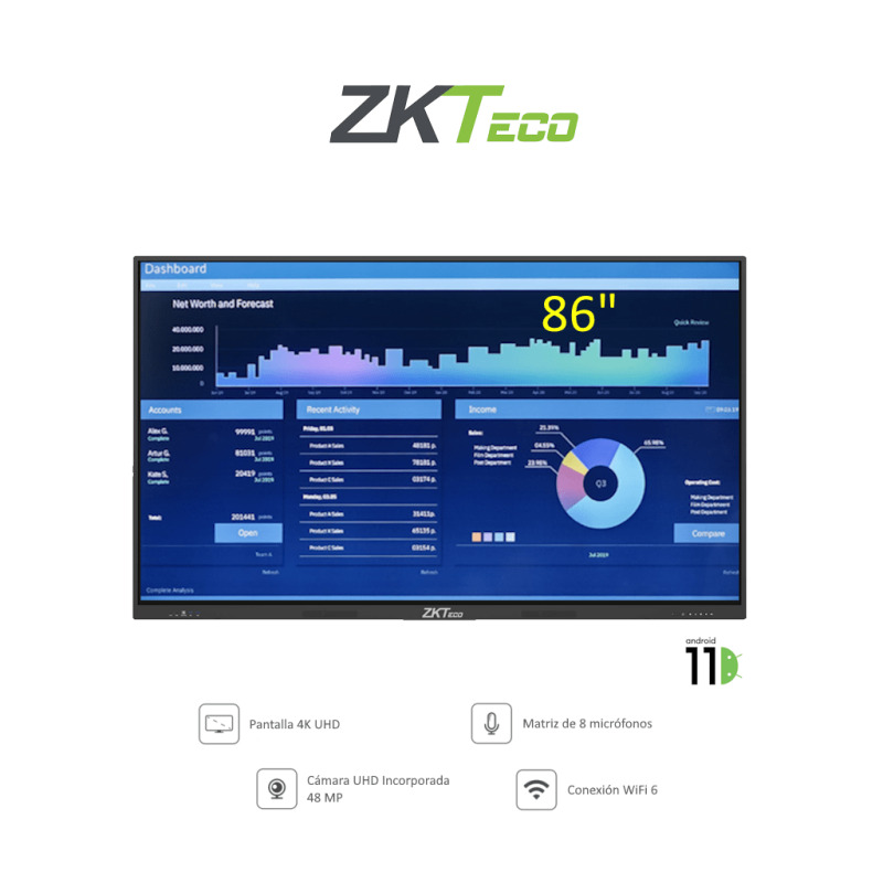 ZKTECO IWB86BMP - Pantalla Digital Interactiva / 86 pulgadas / 4K UHD / Android 11 / Cámara Integrada 48MP / Matriz de 8 Micrófonos / Conexión WiFi / Proyección Inalámbrica / 20 Puntos Táctiles /   Windows Opcional ( Requiere Modulo OPS )